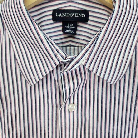 Lands' End White Blue Red Striped Button-Down Shirt Men's Size 16-33 Long Sleeve - Picture 7 of 10